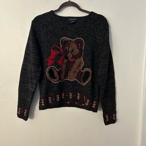 Vintage Teddy Bear Eagle Eye Black Sweater. Sz M